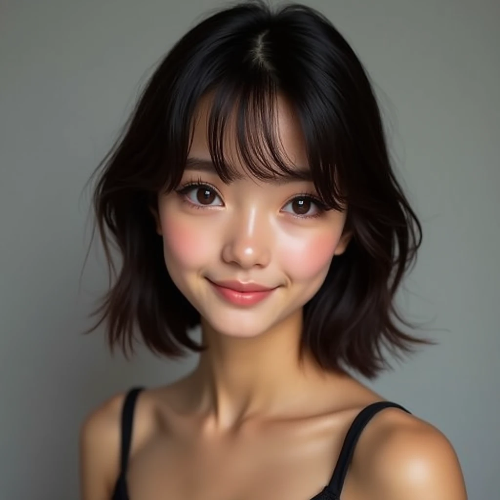 This image contains、 depicts a young woman with medium length dark brown hair。 her bangs are see-through and her hair hangs slightly over her 。 her large, expressive brown eyes have dark eyelashes 、Her eyebrows are well-groomed 。 her skin is bright and smo...