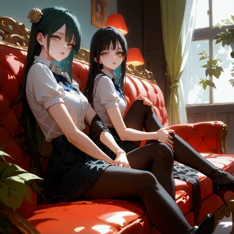 Zombie schoolgirls lounging on a sofa with relaxed yet stylish poses. One stretches her legs forward, emphasizing their shape, while the other leans back slightly, creating a sultry look. One character crosses her legs, while the other props a knee up, ble...