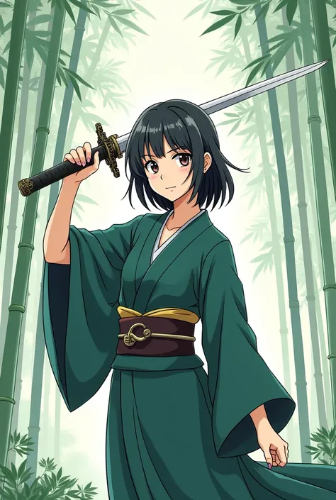  、[ simple dark green kimono]Wearing[Woman with strong eyes ] holding a sword against the backdrop of a Japanese bamboo grove 、 anime style ２ｄAs a coloring book、Simple Line、 no grayscale 、 without shading、 cute、Simple lines, clear lines on the background 