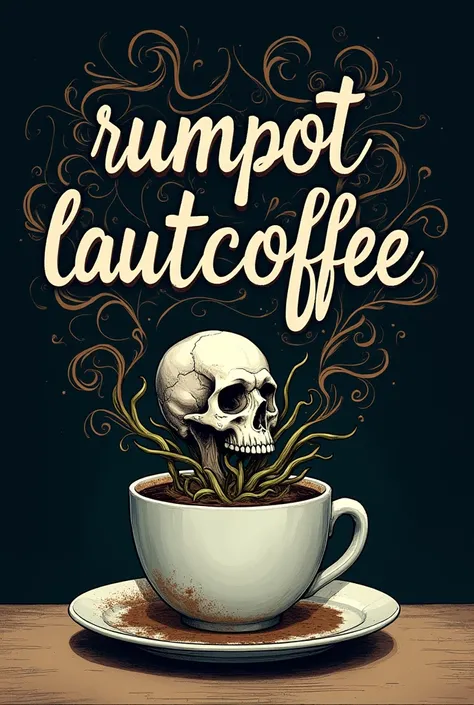 Elegant graffiti inscribed rumpoetlautcoffe  ,  background picture of coffee in cup with picture of skull surrounded by seaweed