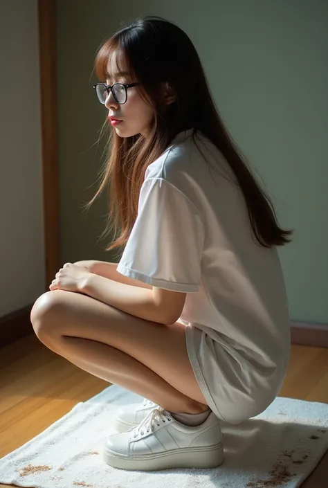  angle from butt,whole body,Dark tatami room,Large amounts of stool,Brown liquid,dirty vinyl sheet on white towel,Butt dirty with poop ,Squat on a white towel, 21-year-old Japanese Woman Turning Her Butt ,japanese,Korean style beauty,Transparency, white sk...