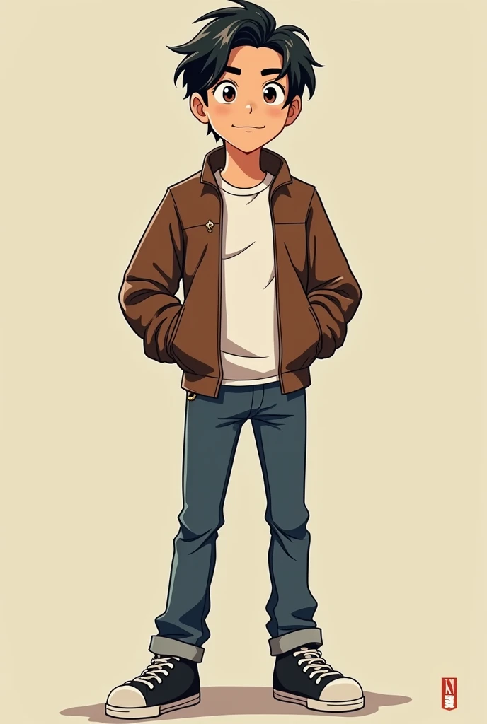  Design in the style of the animated series The Hollow on Netflix ,  portraying an adolescent male character with medium short hair parted in half.  He wears simple and modern clothes ,  including a thick leather jacket in the color brown .  The character ...