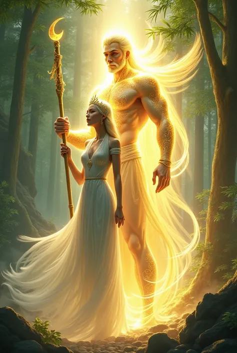 , a tall male and powerful figure (Apolaki), radiates golden light, holding a bamboo staff, and a graceful and serene female, is surrounded by silver light and wears a crescent-moon crown. Both exude divine energy, their appearances blending with the vibra...