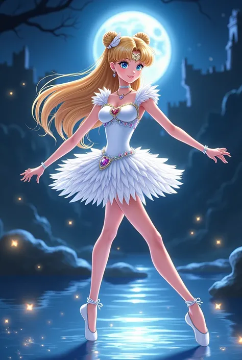  Full body animation illustration in DVD quality with vivid colors ,  beautiful woman Usagi Tsukino from Sailor Moon adult 30 years old , Interpreter of the white swan Princess Odette in Arabesque ,  with sky blue eyes ,  curvy body ,  wearing a Swan Lake ...