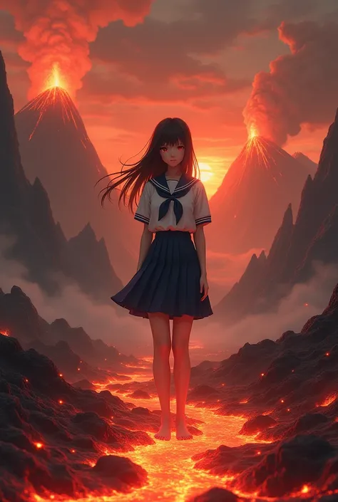 Japanese high school girl wearing a seifuku barefoot in lava 