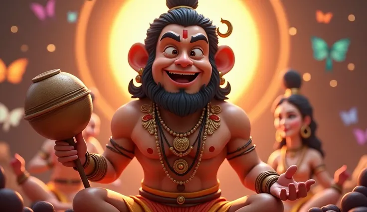 Indian god hanuman, with monkey face, wearing Indian traditional dress with a round, big mace in his hand.  Music vibes and logos everywhere. Hanuman is meditating with joy. Ram name is clearly written in the background. Music everywhere. Generate ultra 4 ...