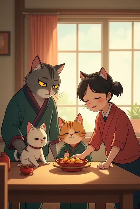 A very clear ultra HD dynamic image of " A warm family scene featuring anthropomorphic cats having breakfast on the floor in a modest home setting. The father, a large gray cat with tired eyes, wears a simple, loose-fitting shirt and sits cross-legged, loo...