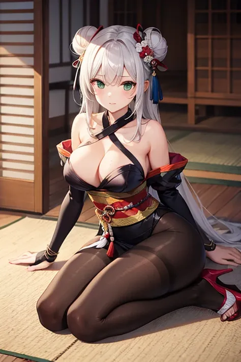 anime only ninja lady dule swordsman elegant, geisha, clothing, elegant Mihai leggings, ninja clothing brown skin color silver color, hair with green highlights and hair style breast size cup 30 dd Double Bun, color, coated, clothing, white, and green ninj...