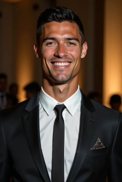 Ronaldo in a suit, small head, extremely detailed skin, at a party, smiling, blurred background.