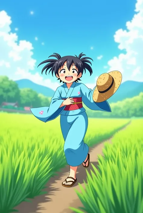 Summer rice field scenery 、[ cool light blue yukata ]Wearing[Active girl]but、 run through with a straw hat in hand。 anime style ２ｄAs a coloring book、Simple Line、 no grayscale 、 without shading、 cute、Simple lines, clear lines on the background 
