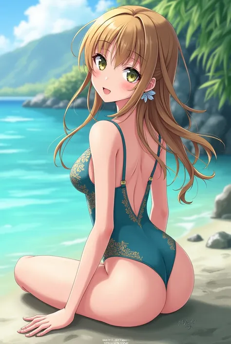 Full-length anime girl, that is, you can see her legs in a swimsuit in a beautiful position