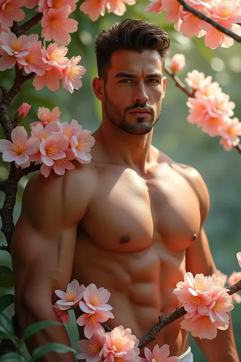 A six pack man with peach flower 