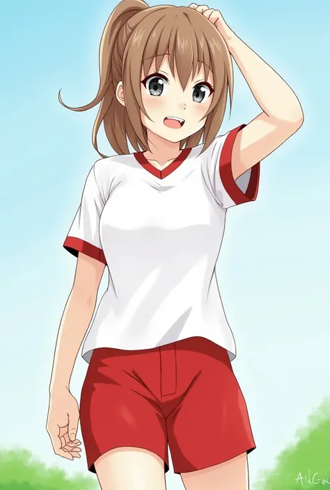 artist lOgO,  1girl,  Chitanda Erau, Oreki hOutarOu, red shOrts, lOng hair, черные вOлOсы, Open mOuth, bang,  shirt , фиOлетOвые глаза, shOrt sleeves, gym unifOrm, pOnytail, white  shirt , shOrts, lOOking at anOther,  breast, shOrt hair, :O, lOOking at vie...