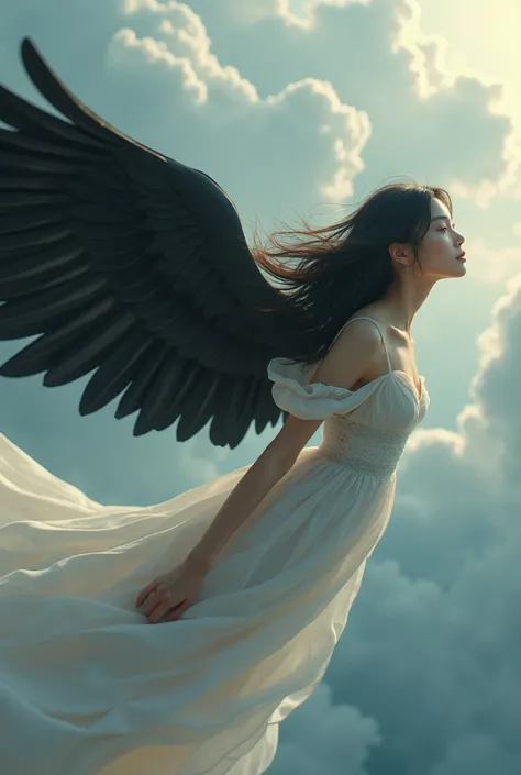  angels semi-long hairstyle flying horizontally to the right 、右に水平飛行している、 Fallen Angel woman with black wings is also flying horizontally far to the right、Holding hands、 above clouds in the sky is a fantastic background 