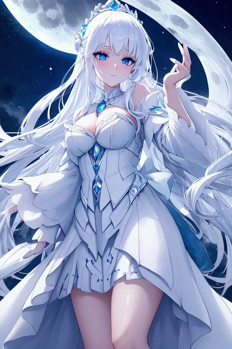 The Snow Princess has white hair and sparkling blue eyes. beautiful face Wear white at night Standing in the wide field at night with light from the moon shining In his hand was a pair of white pistols on both sides.