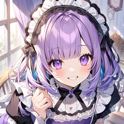  1 girl ,  pretty girl、cute、bangs,Purple Hair、Crystal-like hair,  bob hair,  smiles, Purple Eyes、 smiles,  Lolita Style Headdress, Maid Outfit Lace Pattern 