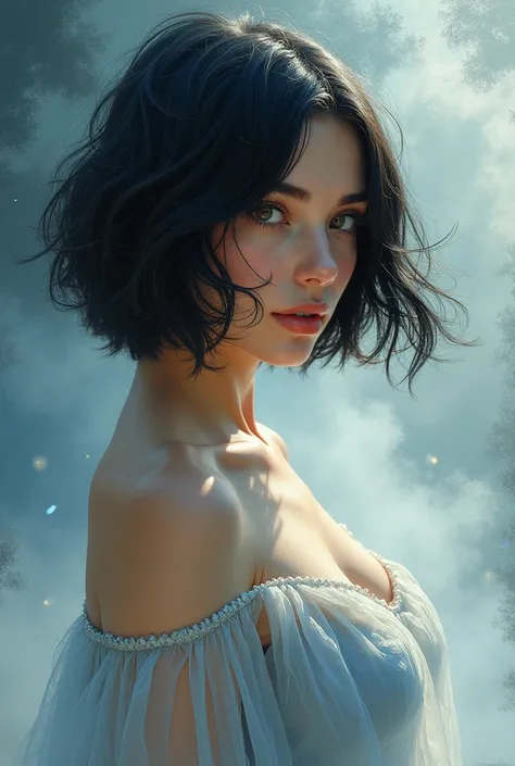 A breathtaking artistic illustration of a Belgian woman, divine and mythical muse with short, perfectly straight black hair streaked with hints of copper, flowing gently as if stirred by an ethereal breeze. Her hazel gaze is hypnotic, brimming with longing...