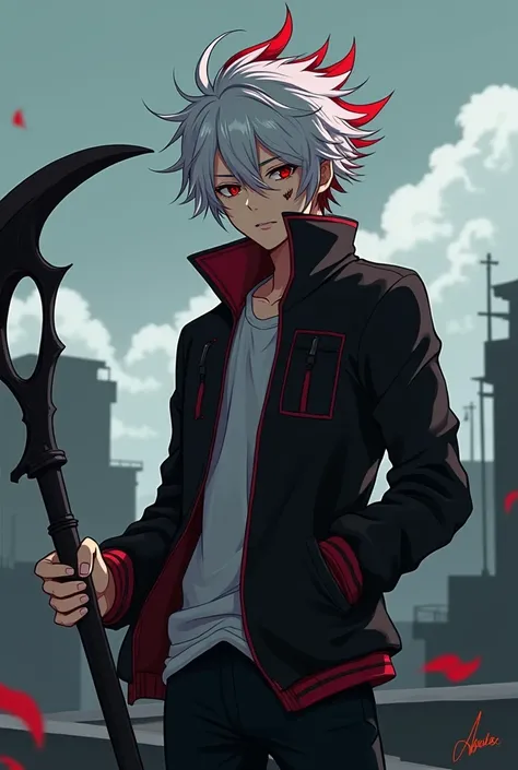  Anime boy with disheveled white hair with a red tuft of red iris eyes black jacket with red  , a scythe on his right hand  ,  on the roof of a building with his left hand in his pocket and a scar on his left eye and a dull face