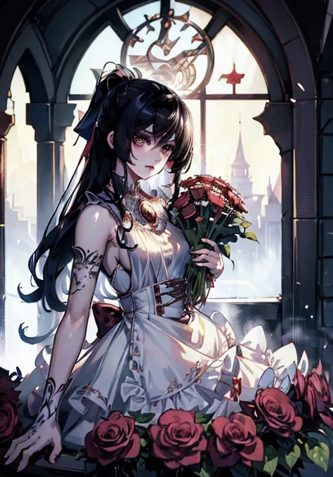 Anime girl with long black hair and white dress with red roses, tattoo,  beautiful detailed eyes, Guiz, Guiz on pixiv artstation, Detailed digital anime art, beautiful anime girl, Guiz on artstation pixiv,  anime style 4k , youths, Beautiful anime picture,...