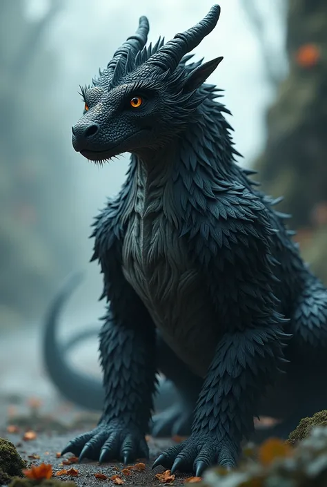 An Anthropomorphic Furry Dragon with fluffy black fur 