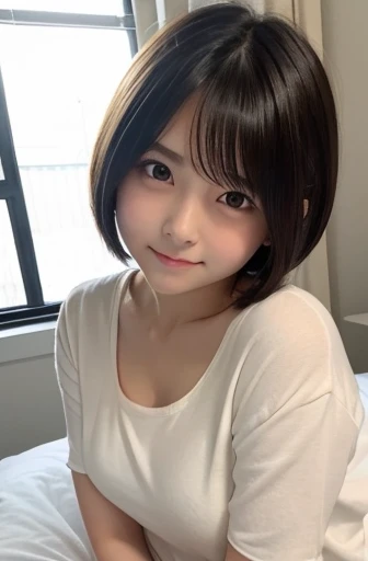     cute女の子    、        short hair  、smile、shy、cute、       bed、Light clothing、      clear      、               beautiful eyes       、20 years old、A little angry face、        plump cheeks  (1 person)