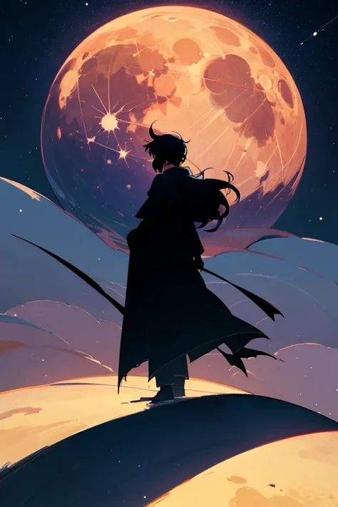  best quality,Big moon and shadow,A silhouette of a person can be seen against the backdrop of a large moon.,There is one full moon,There is a mood, beautiful scenery, starry sky 