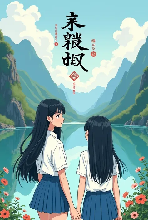  1 book cover in style , Color,  the same drawing as the book cover  "Her mountains ,  Her sea "  but the book name changed to  "  Missed the summer "  as well as the 2 female characters in the black hair story.  High school student clothing in China( whit...