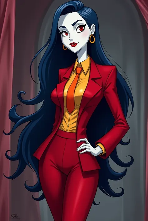 Cartoon female character in the hazbin hotel art style with pale white skin, long dark blue hair that goes down to her ankles, and wearing a red tuxedo suit, a yellow shirt underneath, and orange tie, and has red eyes 