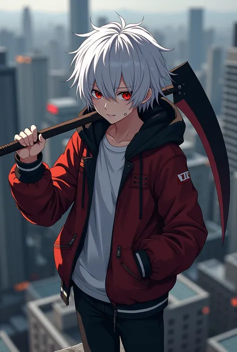 Anime boy with disheveled white hair with a red patch of red iris eyes red black jacket , a scythe in his right hand over his shoulder ,  on the roof of a building with his left hand in his pocket, a scar on his left eye and dull eyes with a slight smile.