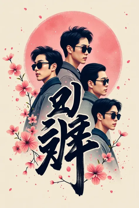 Create a name illustration with handwriting  "Park See Joon " UHD 32k, reader 4d ,  ratio size 1  :1.  Decorated with cherry blossoms and Korean men in sunglasses