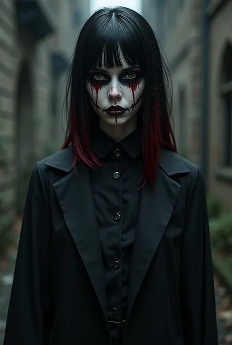  Creates a gothic-style doctor with red pupils and black eyes ,  straight hair with tips dyed red and paint on the face that give it a black tone/dark gray to her skin 