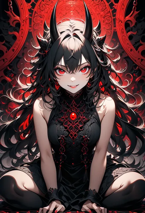 1 oni girl, ruby eyes, oni horns, long hair, messy hair, (evil grin:0.9), (parted lips:0.9), (tan:1.1), cute, (abs:0.7), 
oni costume, (pelvic curtain:0.9), thigh gap, 
sitting, wariza, leaning forward, 
everlasting darkness temple, (too many chains:1.1), ...