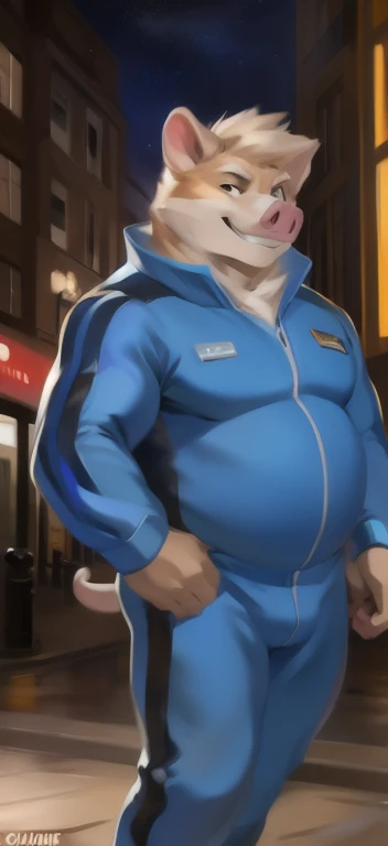 Solo, male Tall​, standing, street,pig hamster ,blue military spacesuit, overweight, muscular, Evil Smile, by chunie