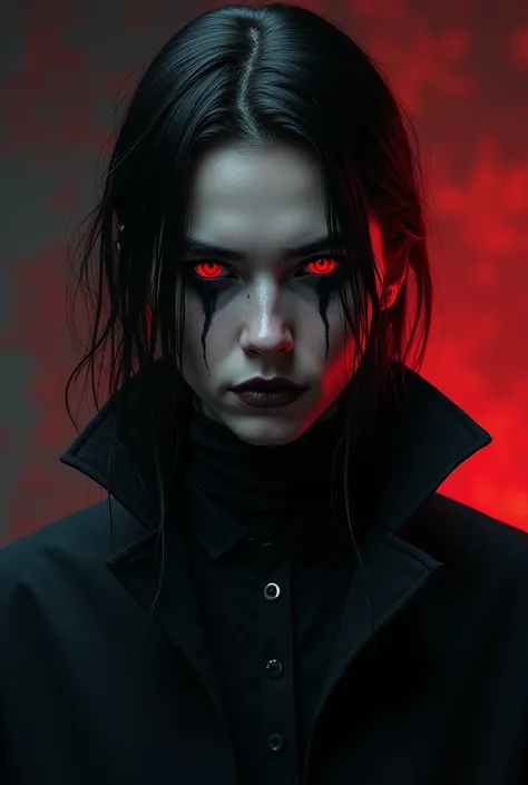 Create a Gothic-style male doctor with red pupils and black eyes,  straight hair with tips dyed red and paint on the face that give it a black tone/dark gray to your skin but still be certainly attractive and wear a black doctors coat 