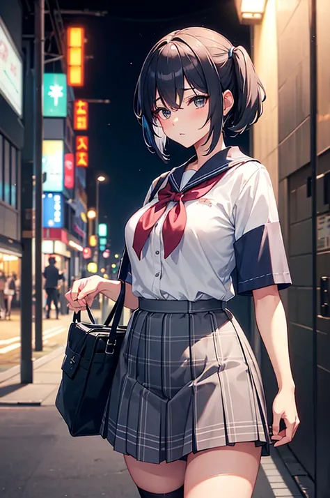 a solo femboy,sexy femboy ,short pigtail hair,grey,medium breast, wearing a japan jk short sleeve shirt high-school uniform , short plaid skirt with navy blue stockings  walking with a thigh、upper body portrait, in a downtown night city at night time