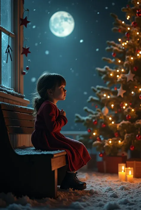  best quality、 high definition 、(High image quality:1.2)、masterpiece、 detailed background、Realistic、 RAW photos 、 Christmas Eve night when the snow falls hard 、 Please bring my voice to her mother in heaven 、 Emma softly sat on the bench on the star Decora...