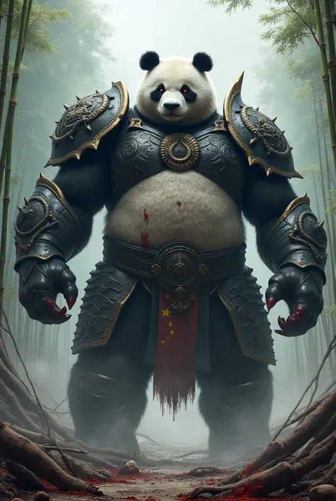 A  strong, muscular, dangerous, monster, looking like human as worrier,  gigantic, muscular. A monstrous. A gigantic, heavily muscled panda with glowing red eyes, covered in black steel armor adorned with dragon engravings, wielding a massive bamboo staff ...