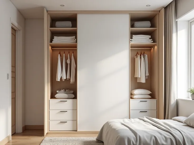 A hyper realistic Compact wardrobe with sliding doors in a small bedroom. The design is minimalistic with a white finish, incorporating shelves, hanging space, and drawers. The room has pastel-colored walls, a cozy bed, and soft lighting, creating a bright...