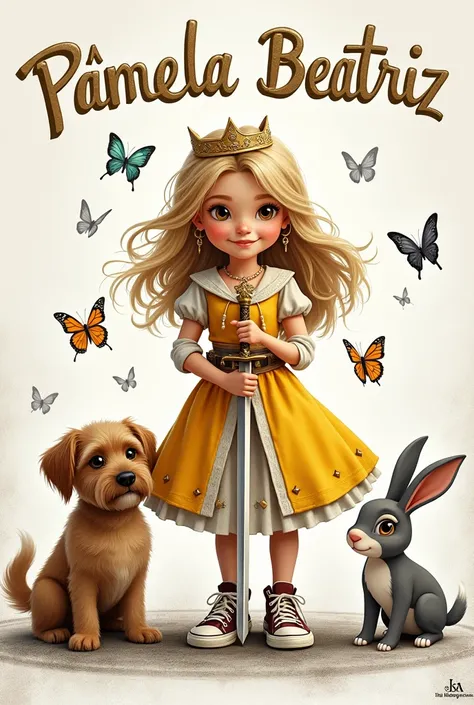 A girl with brown eyes, blonde hair, smiling, princess clothes and sneakers, has a sword in her hand and a yorkshire dog on the side and a cute rabbit on the other,  and butterflies flying a black and white handmade sketch . Write the name Pâmela Beatriz o...