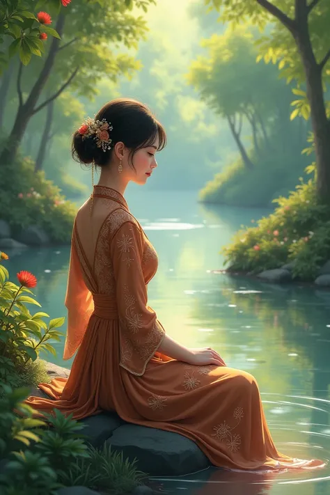 A woman in a traditional Thai dress, a brown Thai dress sitting on a stream as an anime image