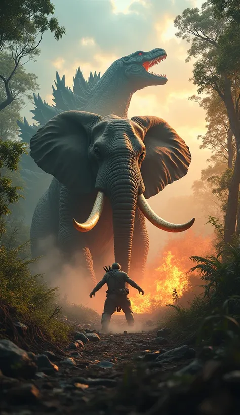 In a dense jungle, a colossal elephant charges Godzilla, tusks glowing with energy. Godzilla wins, blasting the elephant with atomic breath, leaving the jungle scorched.