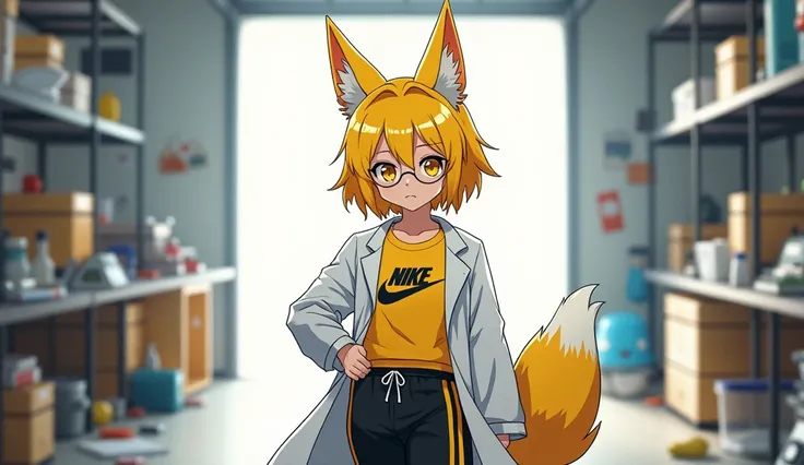 Yellow-haired young woman with yellow fox ears with 2 yellow tails yellow-eyed with white scientists coat in yellow Nike sweatshirt with Nike Jordan sneakers with black Adidas pants with round and cute glasses hungry with a hand on his belly and an uncomfo...