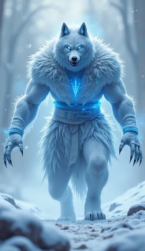 Depict Sub-Zero from Mortal Kombat merged with an arctic wolf. His body has icy fur, his claws are sharp and frost-covered, and his face is a chilling blend of human and wolf features with glowing blue eyes. He exudes frost energy, and the snowy, icy tundr...