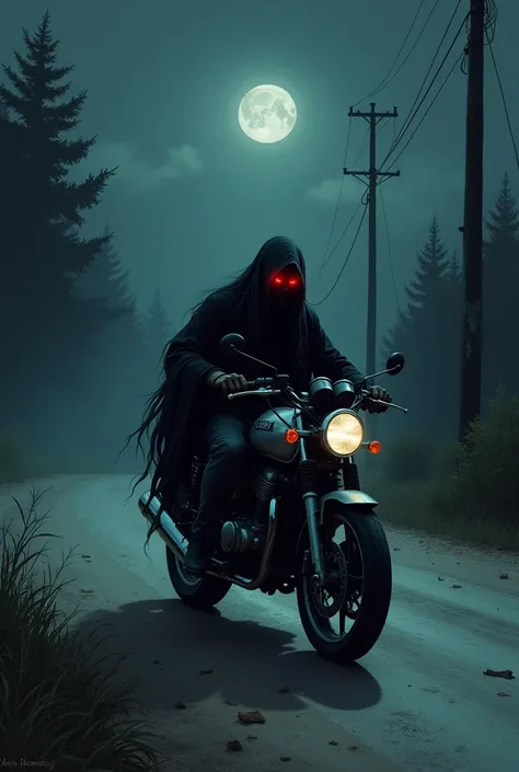 It is a deserted road and a dark night. A mans motorcycle has broken down and he is pulling the motorcycle but he does not know that there is a ghost sitting on his motorcycle who is wearing black clothes, has long hair and red eyes. (This is a side view a...