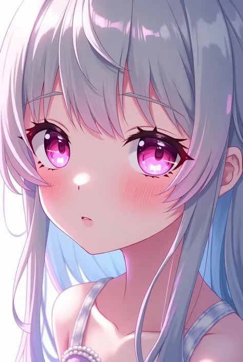 A girl with silver hair and the tips of her hair pink, looking straight ahead, foreground with pink eyes, anime style