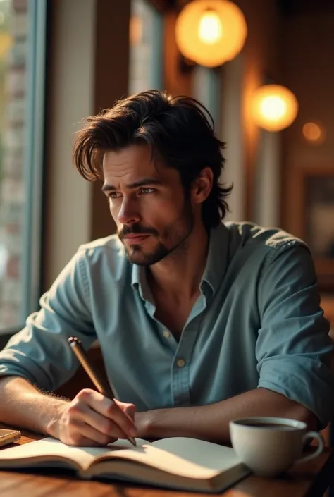 Visual 1 :  The protagonist sitting in a coffee ,  the warm light illuminating him as he opens his notebook .
 The protagonist is at a table next to a window in a quiet cafe .  The warm light of the hanging lamps mixes with the rays of the sun that pass th...