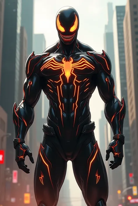 A hero from My Hero Academy . Venom style in orange black . With scfi Hero Suit 