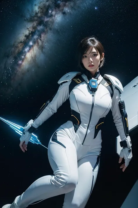 Create an image of a futuristic sci-fi character named ‘Seira Crawford.’ She is a determined and charismatic team leader with short, practical hair and a sharp, confident gaze. Seira wears a sleek white tactical suit with gold accents, designed for mobilit...