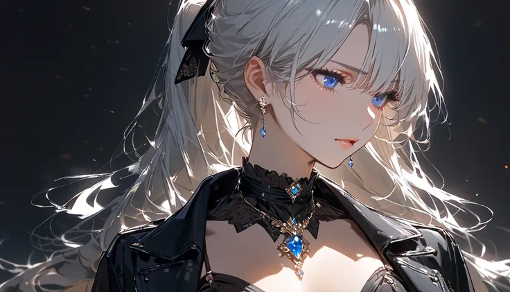 HD 8k Handsome sexy-cute, 1 Human focus female Medium Length Rainbow hair white hair Ponytail, blue eyes, looking away (highest quality, sexy aesthetic:1.2), background is lost of gems,