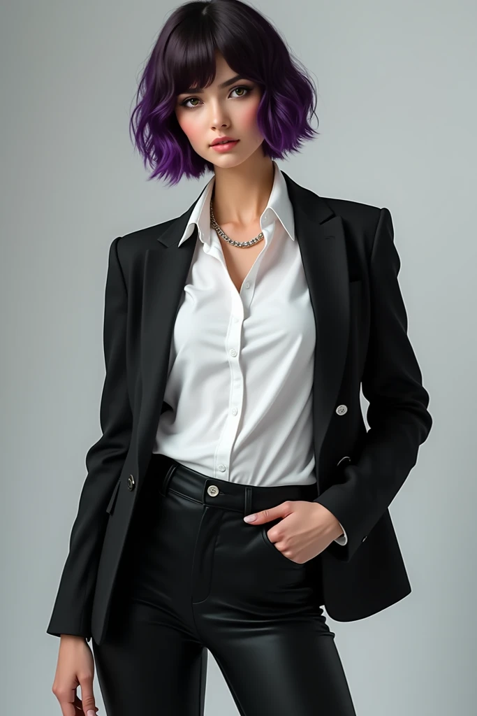 A woman with short hair and purple highlights in a white shirt and a black jacket and black pants 